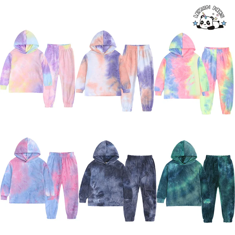 LEZONKIDS - Customized Hot Sale Tie Dye Printed Tops and Pants 2 Pcs Suit Boys Hoodie Set for Kids Clothing